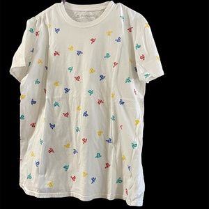 PlayStation Logo T Shirt Size L White with All Over Print with Colorful Logos